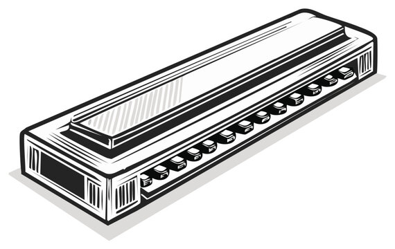 Black and white illustration of a diatonic harmonica musical instrument with visible reeds and cover