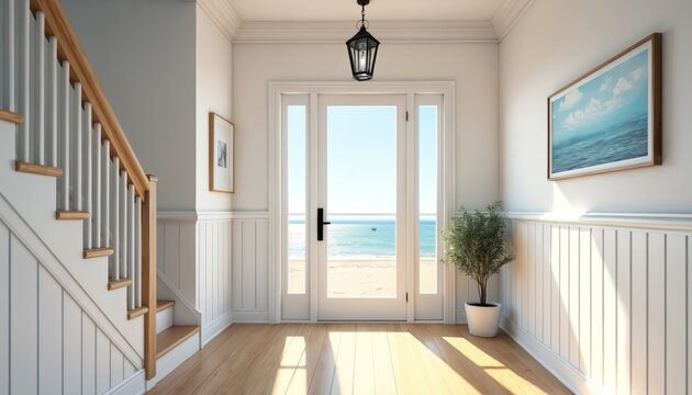 Bright coastal entryway leads to beach and ocean view. Stairs ascend to left, seascape art hangs on right wall. Natural light fills welcoming hall.