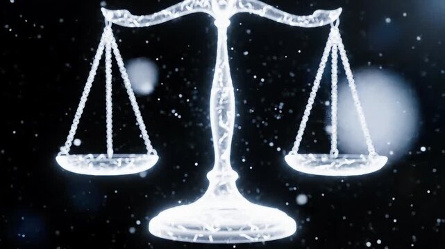 A glowing, ethereal balance scale against a dark, cosmic background with sparkling particles.