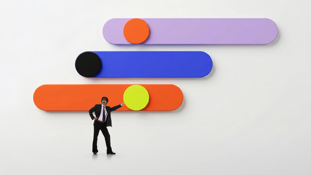 Man pushing minimal sliders interface representing control settings and business optimization. Concept of adjustment, performance tuning, digital interface, user experience and process control