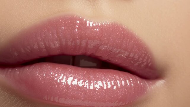 Macro tracking shot of glossy lips parting and pressing in studio close up makeup portrait