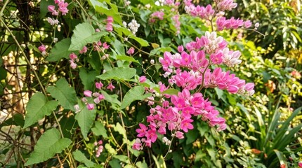 Obraz premium A vibrant cluster of pink flowers grows on a climbing vine against a blurred green background. The flowers are densely packed and create a striking display of color.