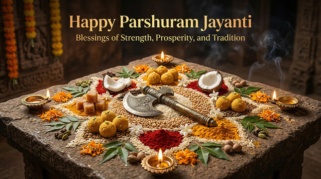 Parshuram jayanti celebration with traditional puja thali and decorative elements on stone table
