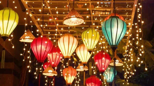 Colorful silk lanterns and string lights creating a festive and luminous display, hanging at night and providing a vibrant, ambient illumination for cultural events and celebrations
