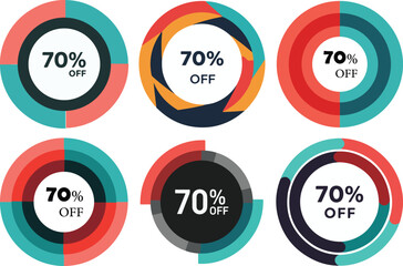 Fototapeta premium Sale discount stickers with 70 percent off text, colorful circular promotion badges, set of 6 flat vector price tags for retail marketing
