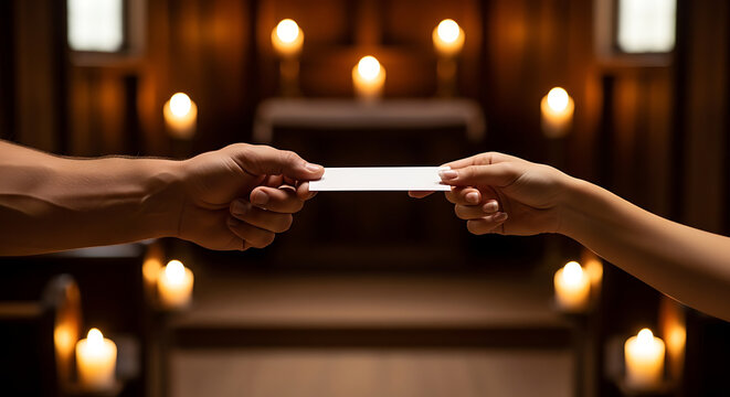 Communion wafer exchange between two hands in a dimly lit church