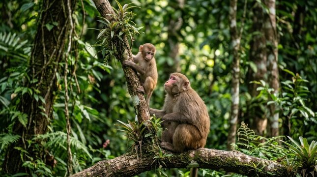 A mother macaque monkey cradles her infant on a thick branch within a lush, green jungle. The pair are perched amidst dense foliage and trees, creating a natural and serene setting.