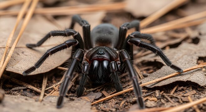 Large Black Spider on Dry Ground