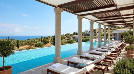 Fototapeta premium A luxurious outdoor pool area features a long, covered pergola with prominent columns. Several white lounge chairs and small tables are arranged along the edge of a sparkling blue swimming pool.