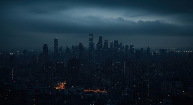 Panoramic view of a sprawling city skyline shrouded in dramatic, cloudy weather at dusk