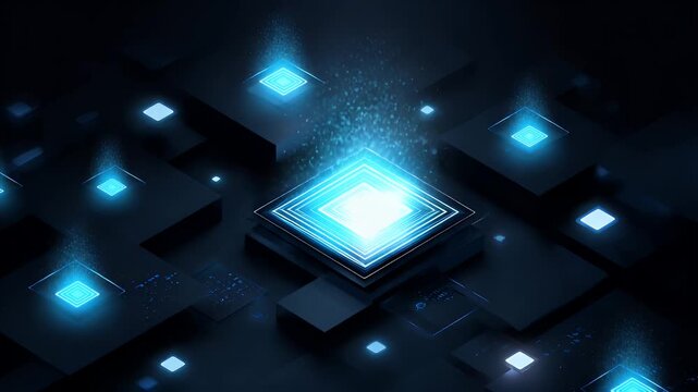 Abstract futuristic cpu chip on dark motherboard with glowing blue light pulses representing high speed data transfer in cloud computing network hardware for modern digital infrastructure.