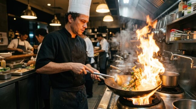 A focused chef expertly manages a wok filled with flames in a busy commercial kitchen. He wears a white chef's hat and black uniform.