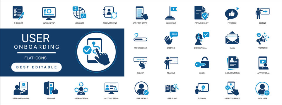 user onboarding solid icon set. welcome, guide, tutorial, welcome, setup, process, feedback, registration. editable vector illustration collection set.
