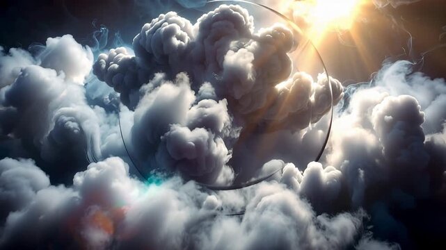 Cloudscape Enigma: A breathtaking view from above, where fluffy clouds fill the scene. An ethereal sun shines through the atmosphere, forming an enigmatic celestial sphere.