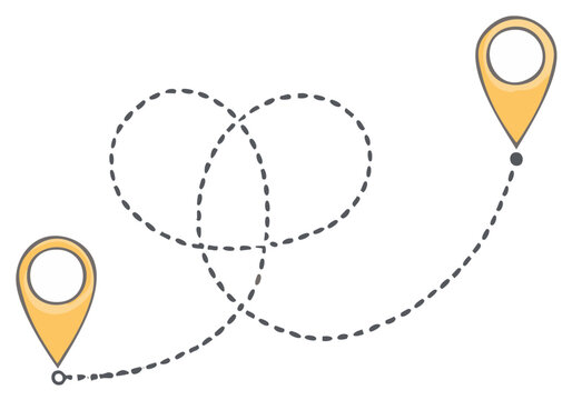Road Trip Route with Pins and Dotted Line Showing a Winding Path and Backtracking