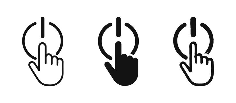 Power on/off button with hand click gesture icons, suitable for technology and UI concepts.