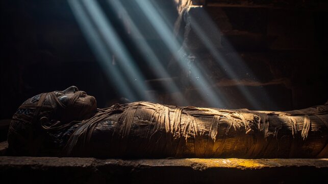 sarcophagus. A carefully wrapped mummy lies in a stone sarcophagus within a dimly lit chamber. event programs, museum guides, designed for cultural heritage projects and event programs.