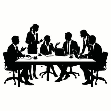 Business team discussing vector silhouette office meeting