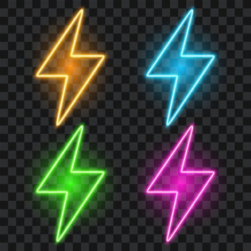Neon lightning bolt set, colorful glowing signs, vector illustration.