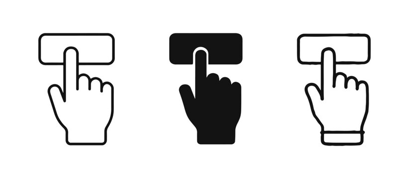 Hand pressing button icon set. Depicting a finger tapping or pushing a rectangular button, indicating user interaction, click, or selection.