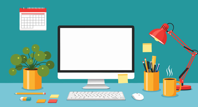 Desk setup illustration with computer, lamp, plants, and calendar