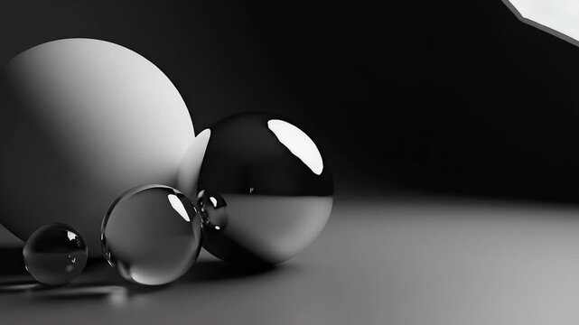A still life composition featuring a large gray sphere and several glass marbles illuminated by a softbox in a dark studio setting.