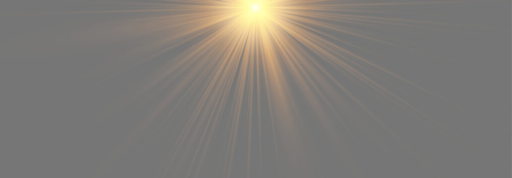 Soft golden sun rays from top isolated on transparent background.