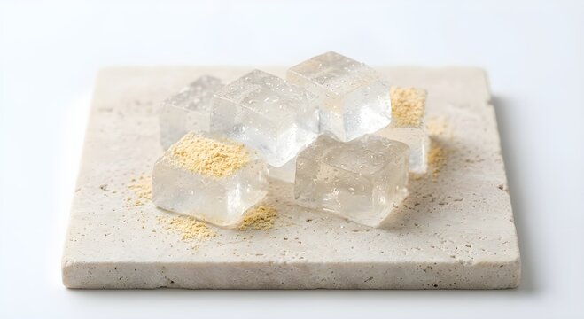 Warabi-mochi is a chilled, translucent jelly-like treat made from bracken starch.