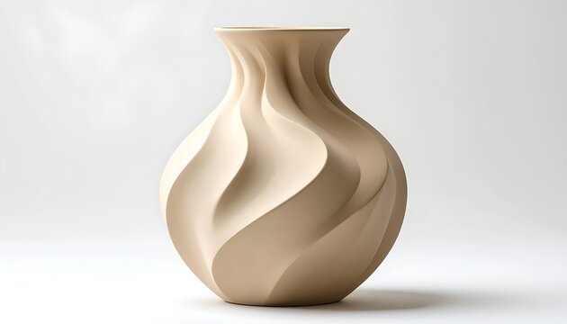 A smooth, neutral-toned ceramic vase features a swirling, organic design. It stands alone against a white backdrop, emphasizing its form
