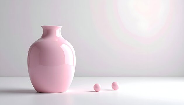 A smooth, shiny, pink vase stands beside two small spheres against a soft white background. The lighting is diffused and even