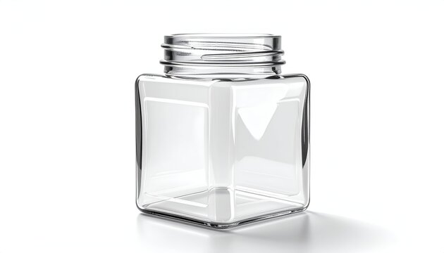 A square-shaped, transparent, empty container with a threaded opening. Its form is geometric with a shadow