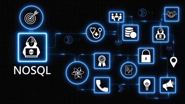 NoSQL database technology icons network with glowing blue digital interface data storage system scalable backend concept motion graphics 4K black background visuals