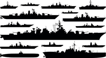 Detailed military naval fleet silhouettes collection featuring modern warships destroyers submarines and patrol vessels isolated vector set on white background © Md