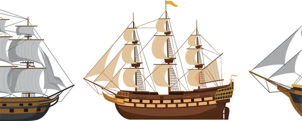 Detailed vintage sailing ship vector illustration with classic wooden vessel, large sails, historical maritime transport and nautical design elementsDetailed vintage sailing ship vector illustration w © Md