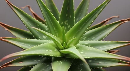 Fototapeta premium Green Aloe Vera Plant with Spiky Leaves on Gray Background