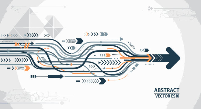 Abstract vector illustration depicting multiple converging lines and arrows forming a large forward-moving arrow, symbolizing progress, data flow, and technological advancement.