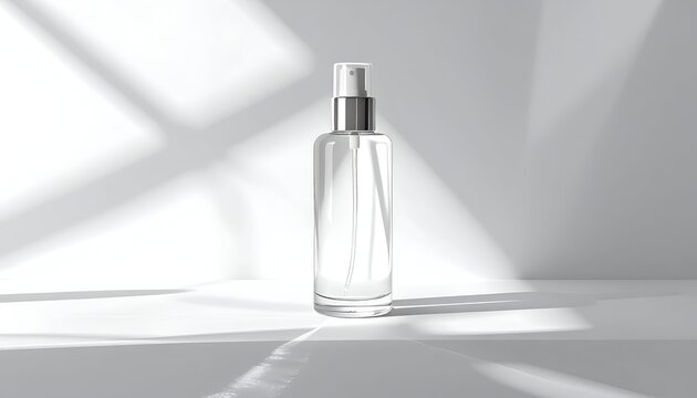A transparent glass spray bottle with a silver cap is centered against a white backdrop. Light and shadow create a pattern behind the bottle