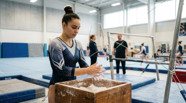 A female gymnast prepares for her routine. She is wearing a blue and silver gymnastics leotard and is carefully dusting her hands with chalk.