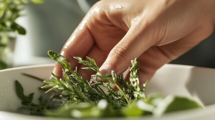 Fototapeta premium Close-up of a feminine hand gently washing fresh herbs in a white bowl, with water droplets highlighting the texture of rosemary and leafy greens in warm natural light.