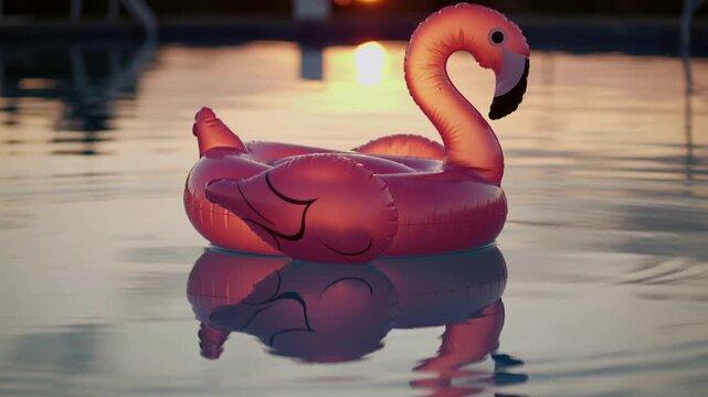Pink inflatable flamingo float drifting as wind starting, nudging ripples and showing sunset glow