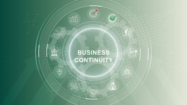 Animated global business continuity concept displaying data and relevant icons. business technology . 3d Motion graphics of technology icon interface background