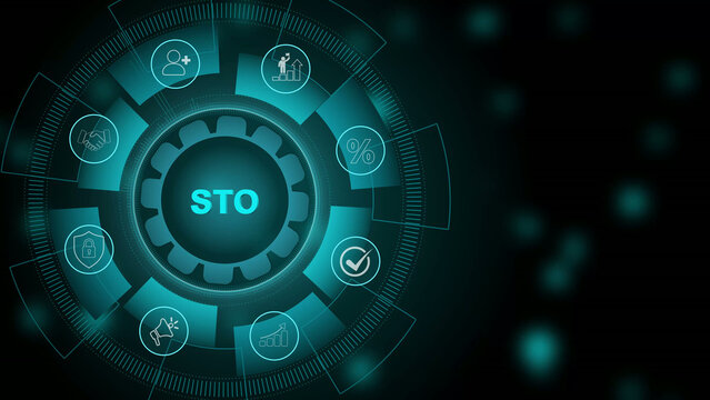 Security token offering concept representing regulated blockchain-based digital securities. 3d Motion graphics of technology icon interface background