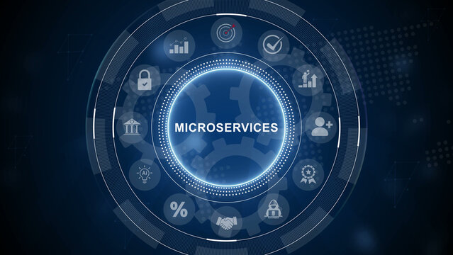 Microservices Architecture HUD Interface with System Icons, Global Technology Map. 3d Motion graphics of technology icon interface background
