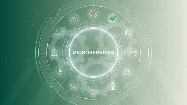 Microservices Architecture HUD Interface with System Icons, Global Technology Map. 3d Motion graphics of technology icon interface background