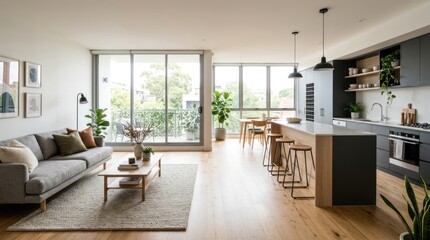 Fototapeta premium A bright and airy open-plan living area features a modern kitchen island and a comfortable living space. A gray sofa sits in front of a large window overlooking a city view.
