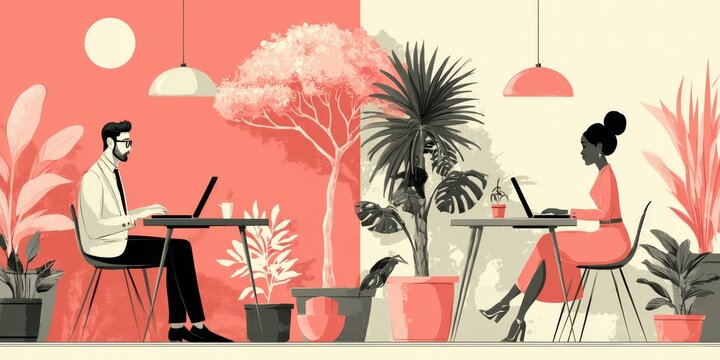 Splitscreen minimalist illustration of man and woman working remotely at desks with laptops, surrounded by potted plants in contemporary home office