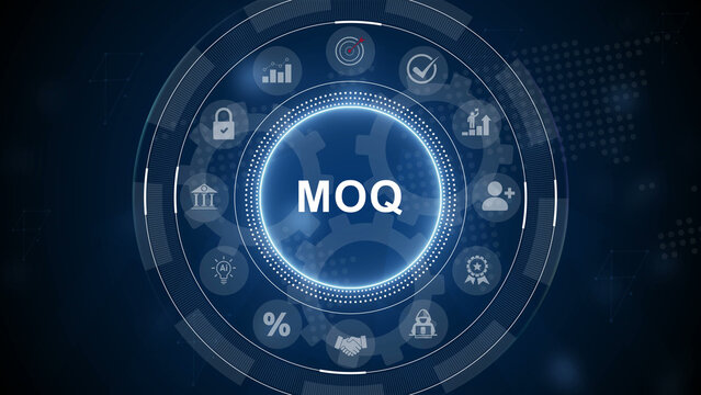 MOQ text and global network connections financial icons business growth concept. virtual network connecting service with graphical. 3d Motion graphics of technology icon interface background