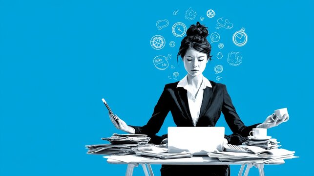 Grayscale corporate scene showing multitasking businesswoman at cluttered desk, juggling phone, laptop, mug and papers amid chalk icons on blue background