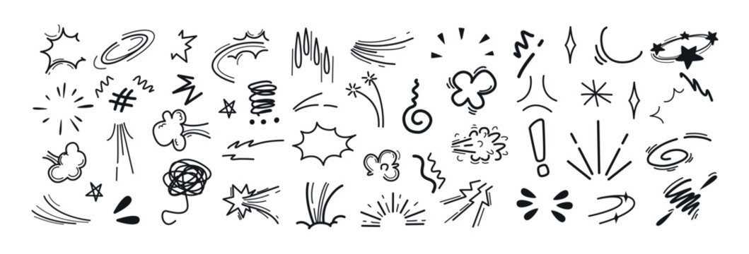 Hand Drawn Comic Expressive Elements Speed Lines and Motion Symbols Set
Comic Doodle Elements Bundle with Action Lines and Speech Bubbles
Hand Drawn Vector Manga Motion and Expression Symbols 