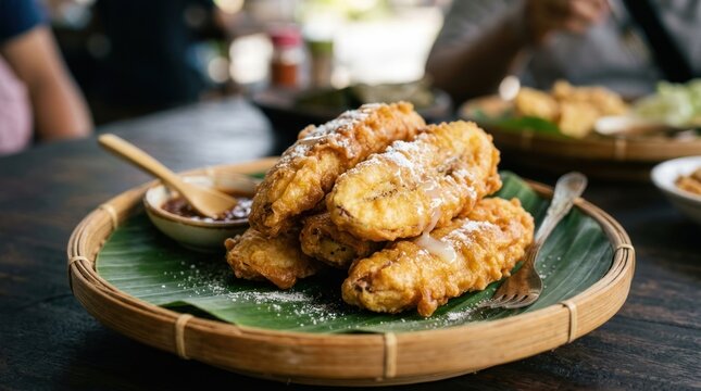 A stack of golden fried bananas is presented on a woven bamboo platter lined with a banana leaf. The bananas are generously dusted with powdered sugar.